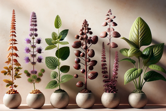 Six potted plants with varied foliage and colors, ranging from green leaves to purple and brown stems, displayed against a neutral wall