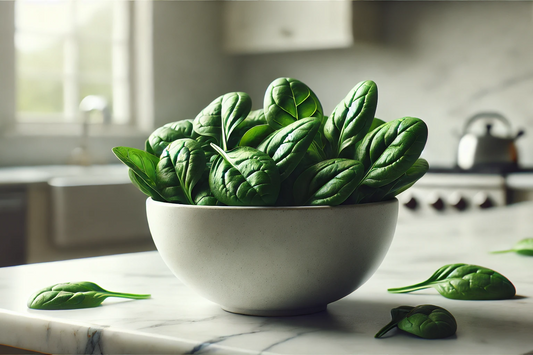 A bowl filled with fresh spinach leaves, placed on a marble countertop in a modern kitchen.