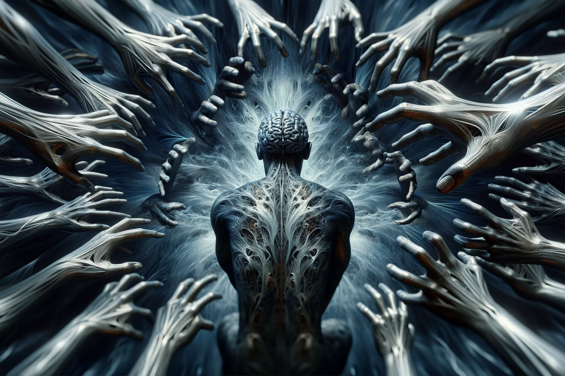 Abstract image of a human silhouette with a brain head, multiple hands reaching out in a monochromatic blue tone