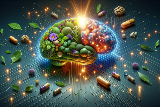 Brain with greenery and circuits, glowing among nootropics, for mood and mind boost.