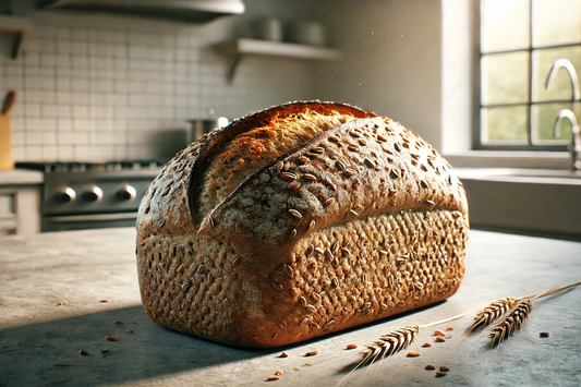 A rustic wholegrain bread loaf on a kitchen countertop, with a golden-brown crust and visible seeds, in a warm kitchen setting with natural light