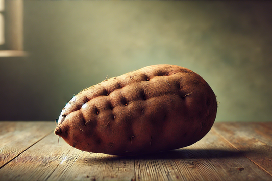 A single sweet potato with rough, earthy skin placed on a wooden surface with a muted background and natural lighting.