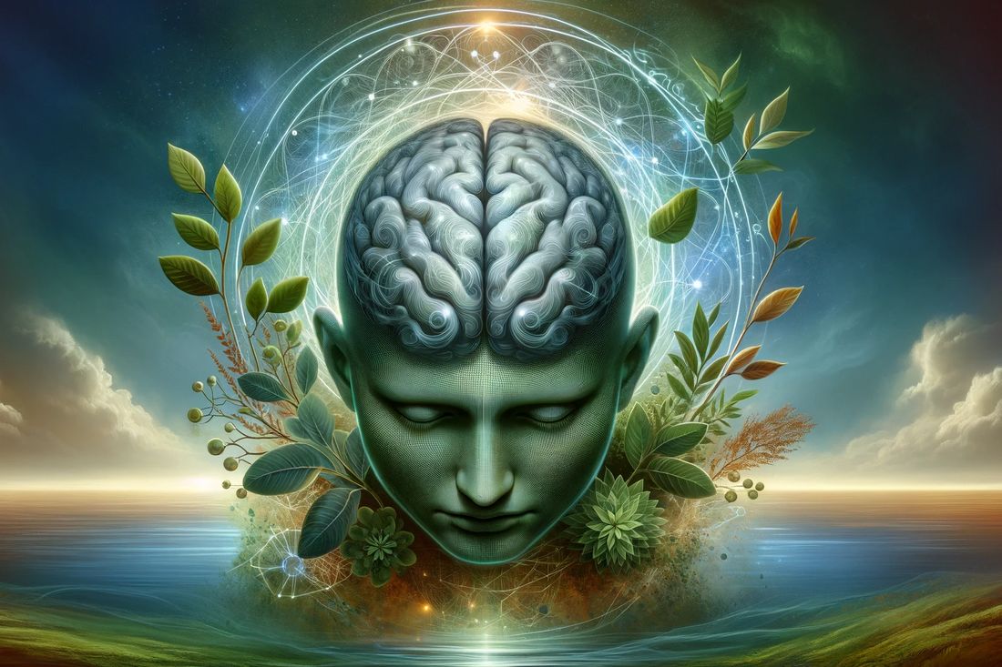 Human head with brain enveloped in nature imagery and a cosmic backdrop.