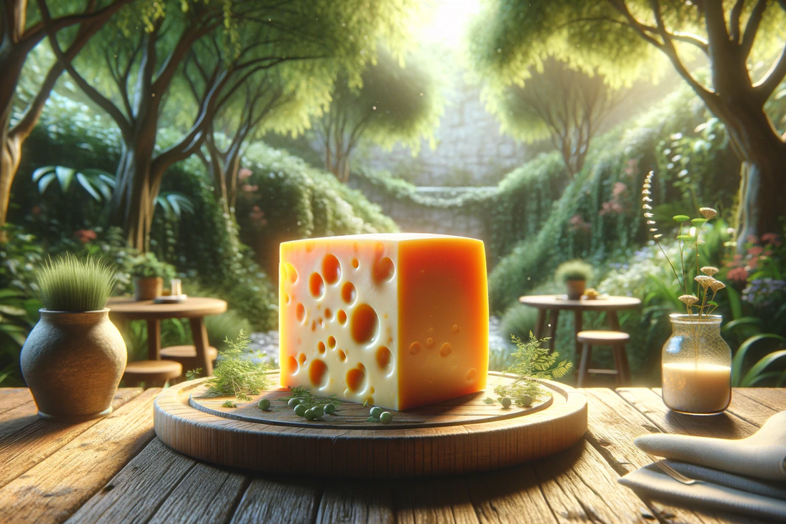 A serene garden with a block of cheese on a wooden table, bathed in sunlight