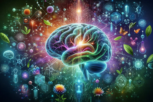 Colorful artistic representation of a brain with cosmic and floral elements