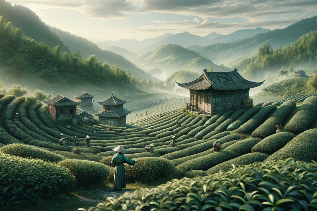 An ancient Chinese tea field with farmers and architecture