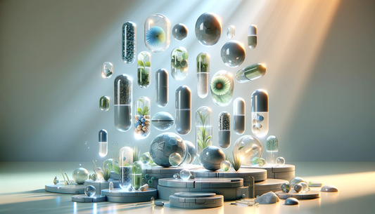 Capsules and botanicals in a bright, floating, futuristic arrangement