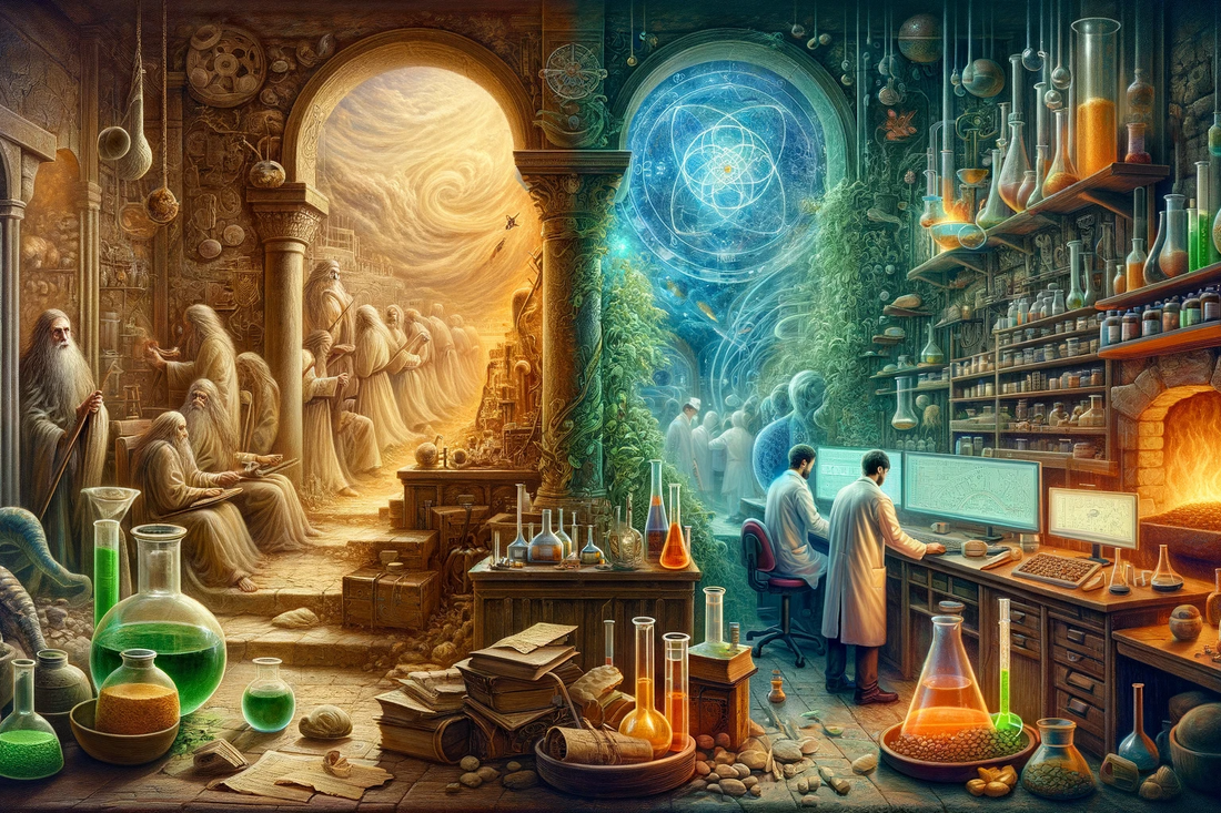 Ancient and modern scholars studying in a fantastical library with mystical and scientific elements.