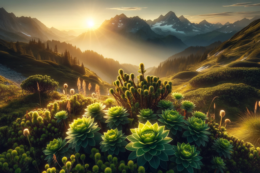 Alpine sunrise over a lush mountain landscape with succulent plants