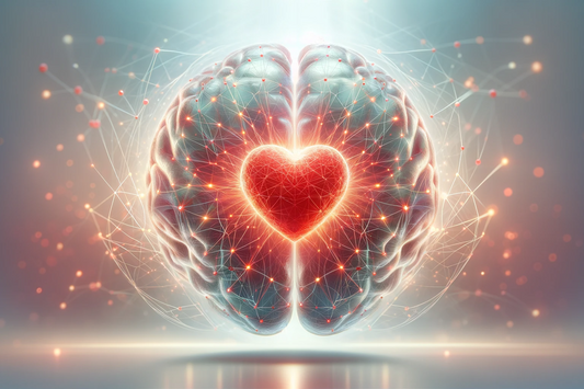 Brain with heart network connections on a serene backdrop